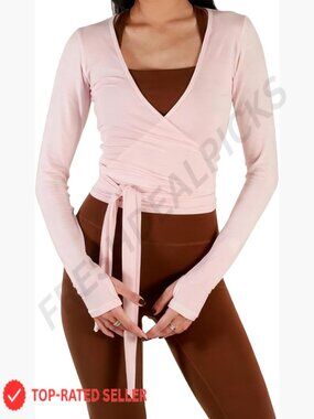 Long Sleeve Self Tie Ballet Wrap Top Slim Fit Workout Yoga Pilates Dance Shirt